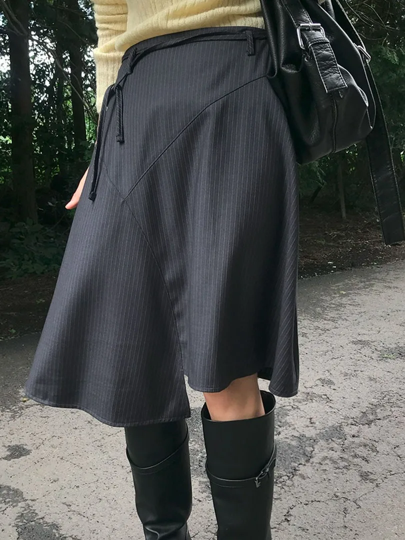 Korean Style Fashionable Draped Asymmetrical Stripe Belted Midi Skirt Women's High Waist A-Line Skirt City Walk Other Material