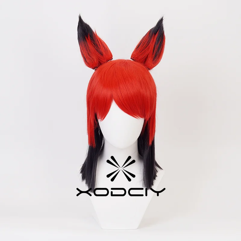 Alastor Cosplay Wig Red Black Heat Resistant Synthetic Hair Anime Cosplay Wigs with Ears + Wig Cap