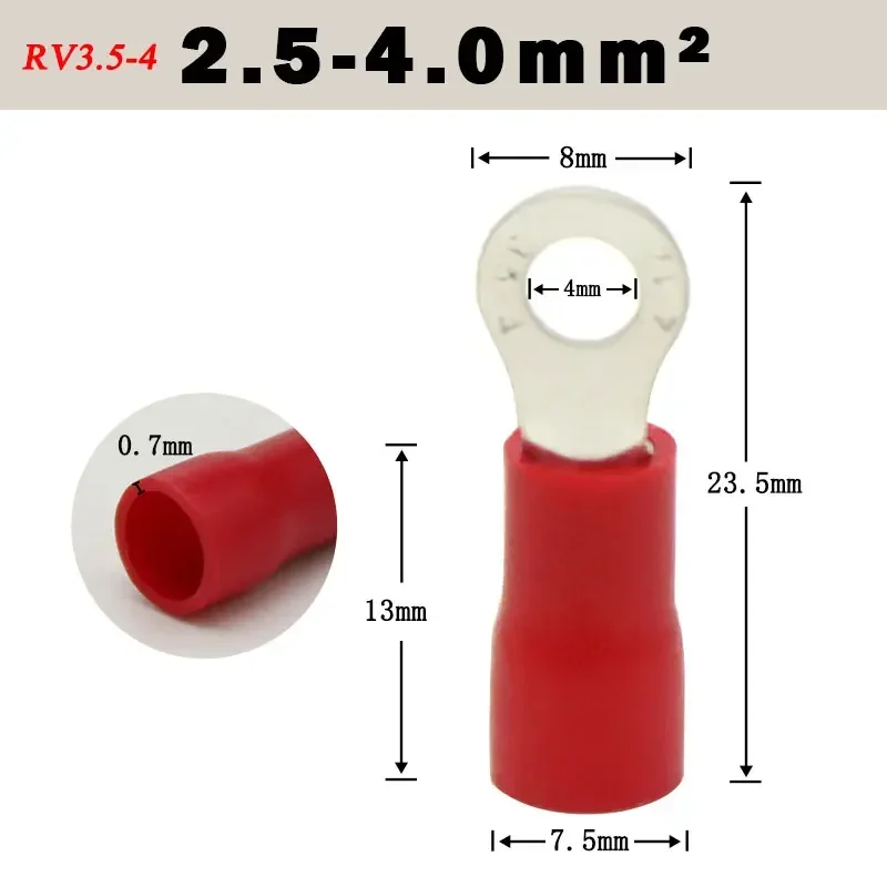 50pcs RV1.25-4 RV2-3 RV2-4 RV3.5-4 RV5.5-4 Wire Terminal Crimp Splice PVC Insulation Circular Round Cold Press Cable End Connect