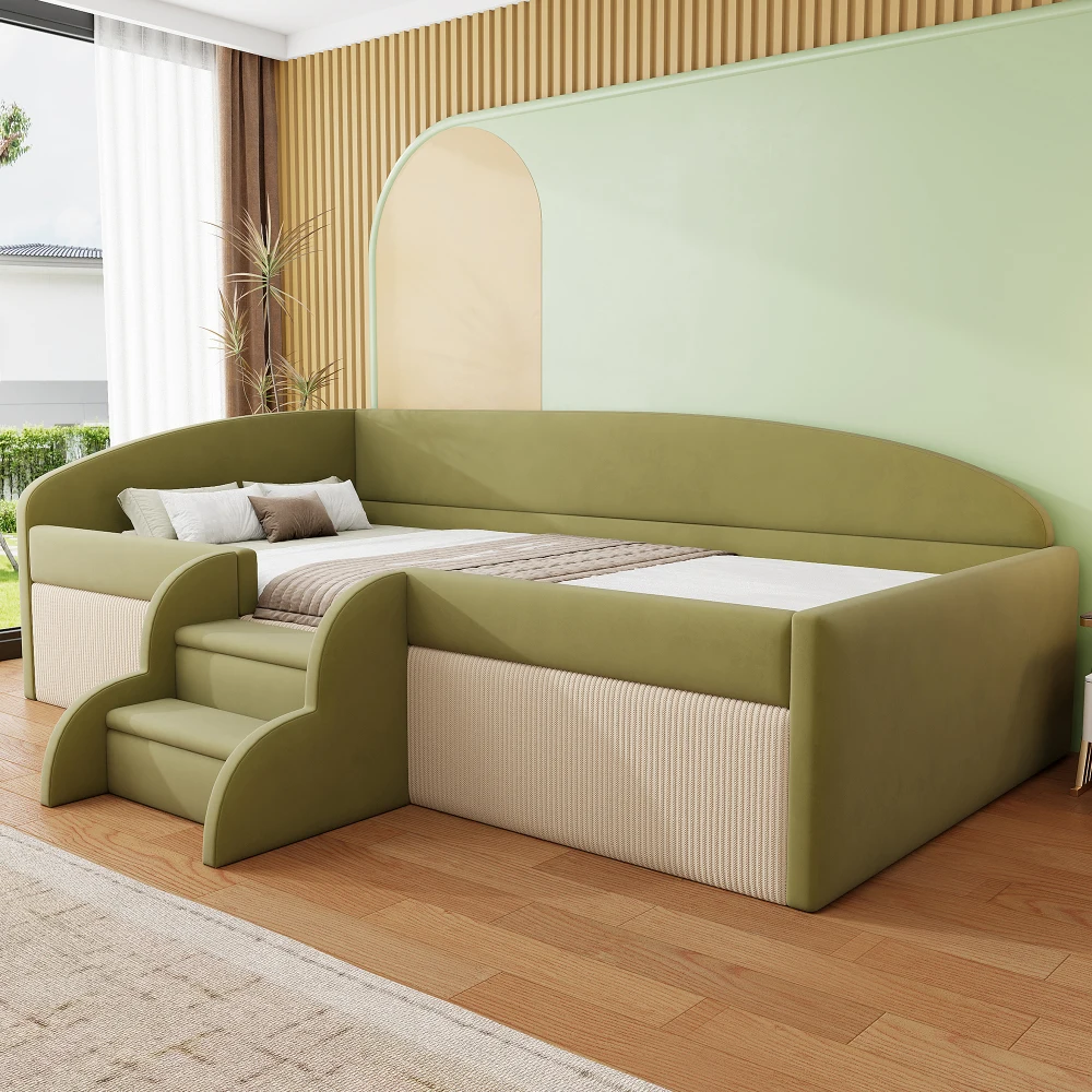 Image of 90 * 190 cm schönes gepolstertes Schlafsofa, mit Treppen und Zäunen, hautfreundlicher Samtstoff, für Kinderzimmer (ohne Matratze)