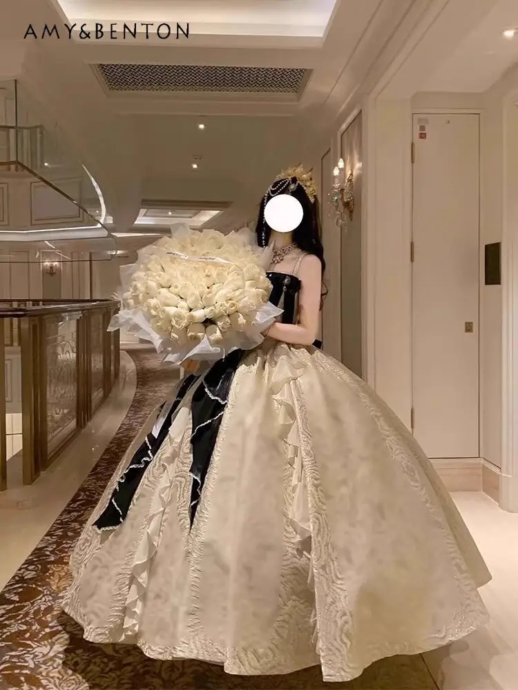 الراقية ضوء فاخر أنيق الجنية نمط لوليتا فستان JSK عالية الخصر سليم ثلاثي الأبعاد زهرة القوس الكبير فستان الأميرة توتو