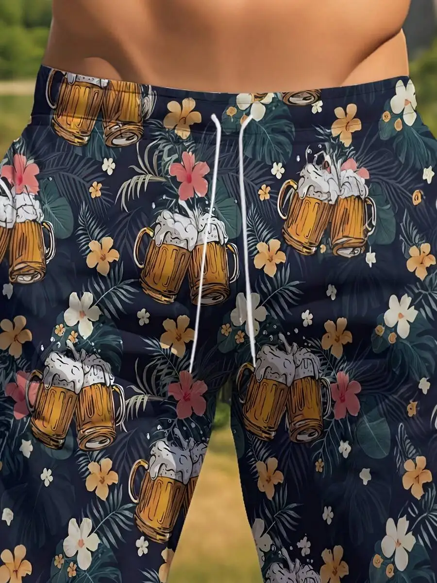 

Mens Relaxed Beach Shorts With 3D Beer Mug And Floral Print - Polyester Quick Dry Swim Trunks