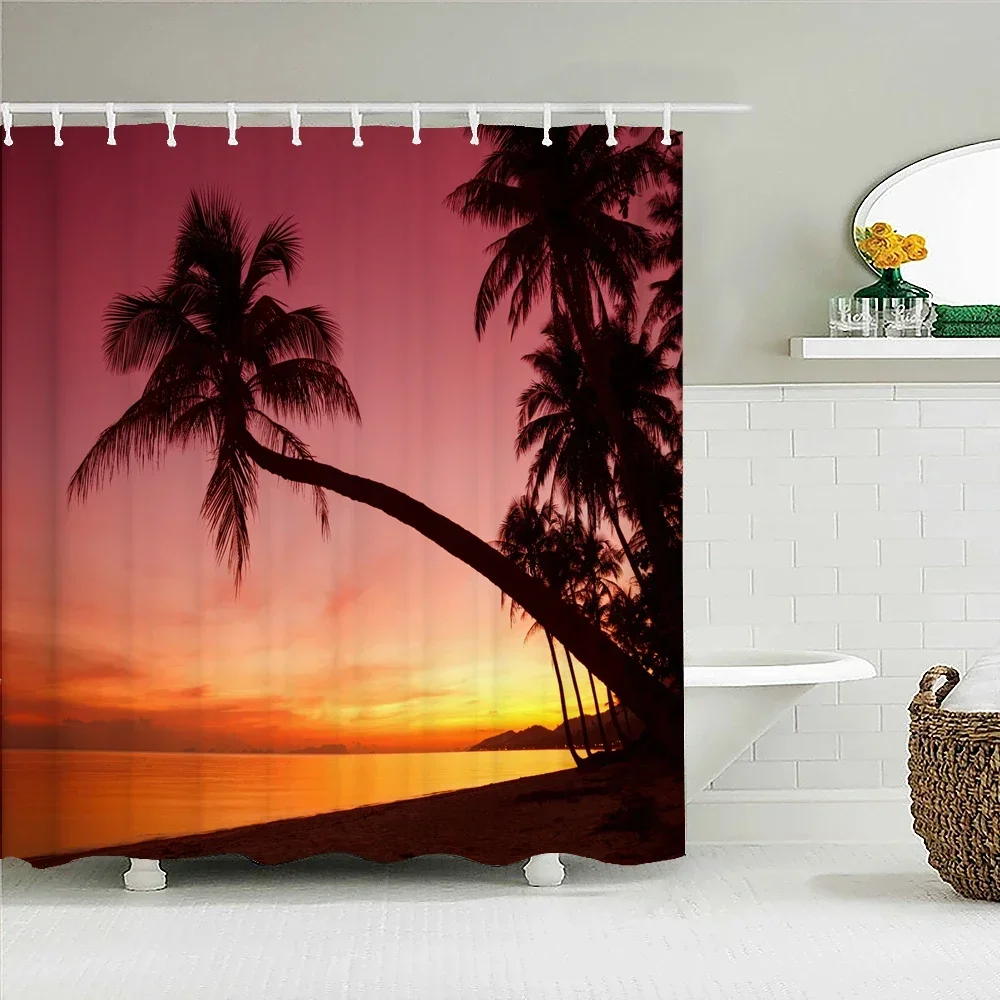 Sunset Dusk Beach Palm Tree Seaside Scenery Fabric Shower Curtain Waterproof Bath Curtains for Bathroom Decorate with 12 Hooks