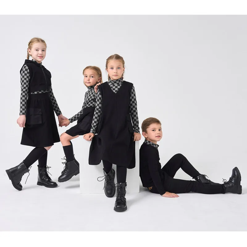 I-Check-Robe pull en coton pour enfants avec poches, jupe assortie pour la famille, vêtements décontractés à carreaux, collection automne et hiver