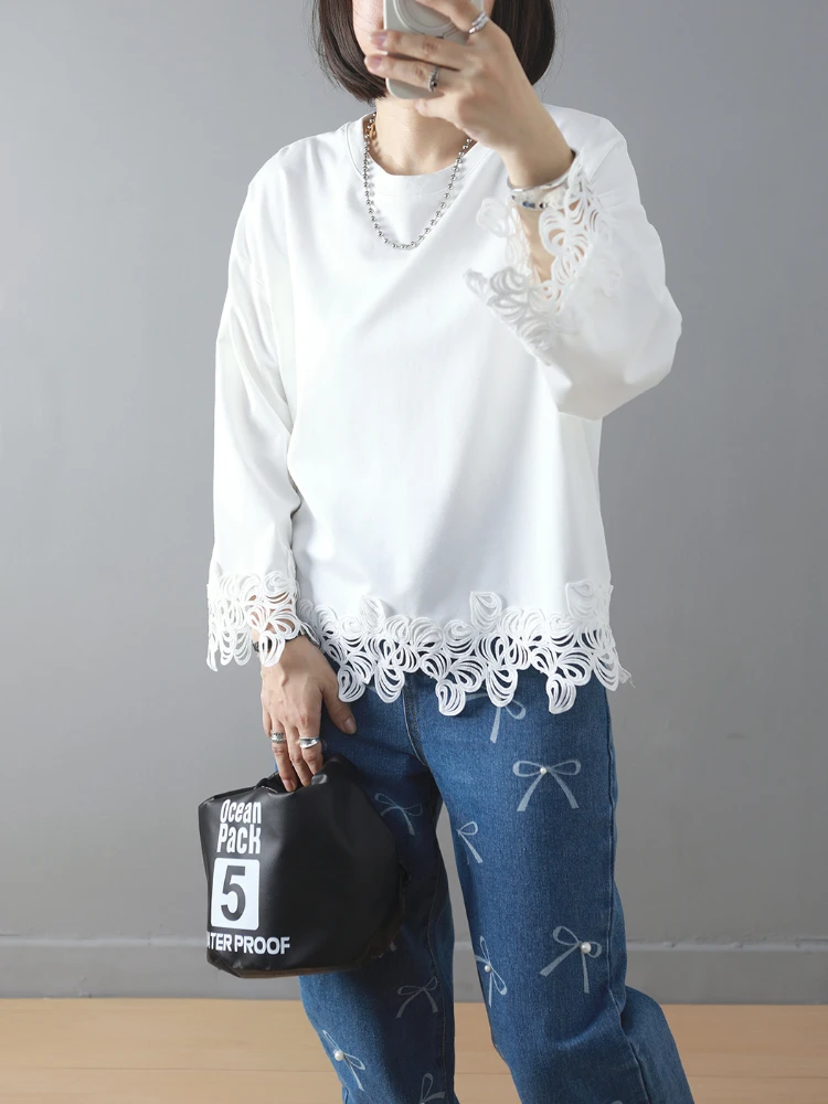 White Hollow Out Lace Patchwork Flared Sleeve T Shirts for Women Korean Fashion O-Neck Long Lseeve Loose T-shirt Versatile Tops