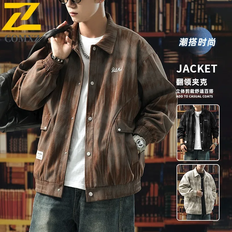 

2025 мужское вельветовое свободное пальто с отложным воротником и принтом, трендовый бренд, уличная мода в гонконгском стиле, легкое удобное пальто