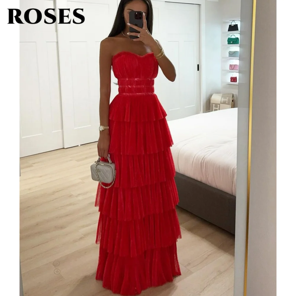 ROSES Red Elegant Prom Dress Sweetheart Backless Prom Gown Layered Sleeveless Floor-Length Formal Dresses for Woman Customized