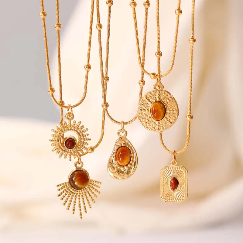 Vintage Brown Opal Pendant Necklaces for Women Maillard Gold Color Metal Geometric Choker Necklaces Y2K Jewelry Accessories