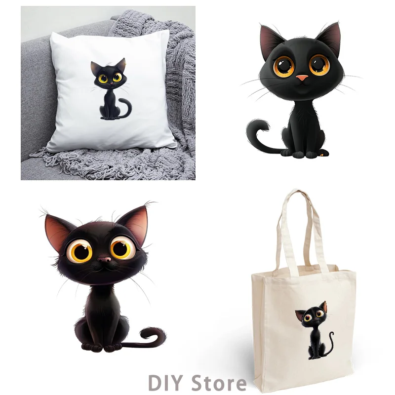 Big eyes black cat dtf patches for clothing Heat Transfer Patches Stickers Thermal for Clothing iron on heat transfer.