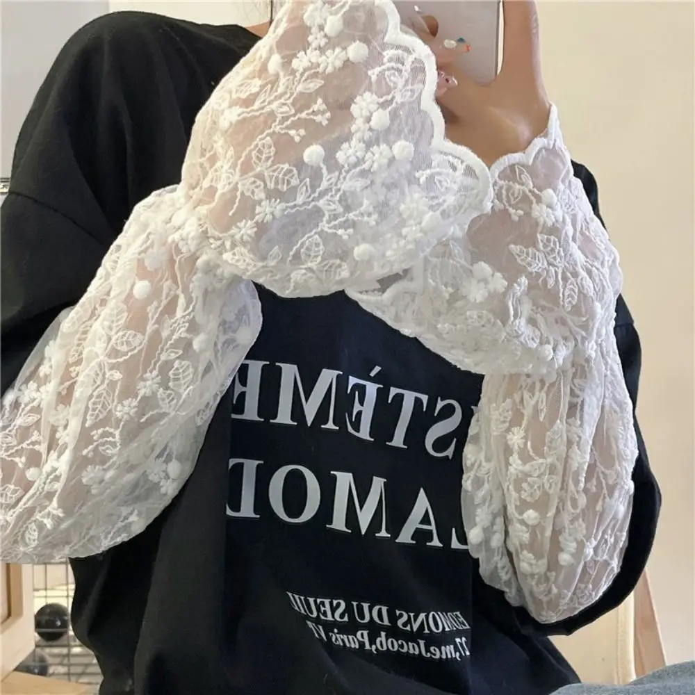 Summer Lace White Long Sunscreen Sleeves Women Sun Protection Arm Sleeves Elastic Mesh Tulle Driving Gloves Cool Muff Arm Cover