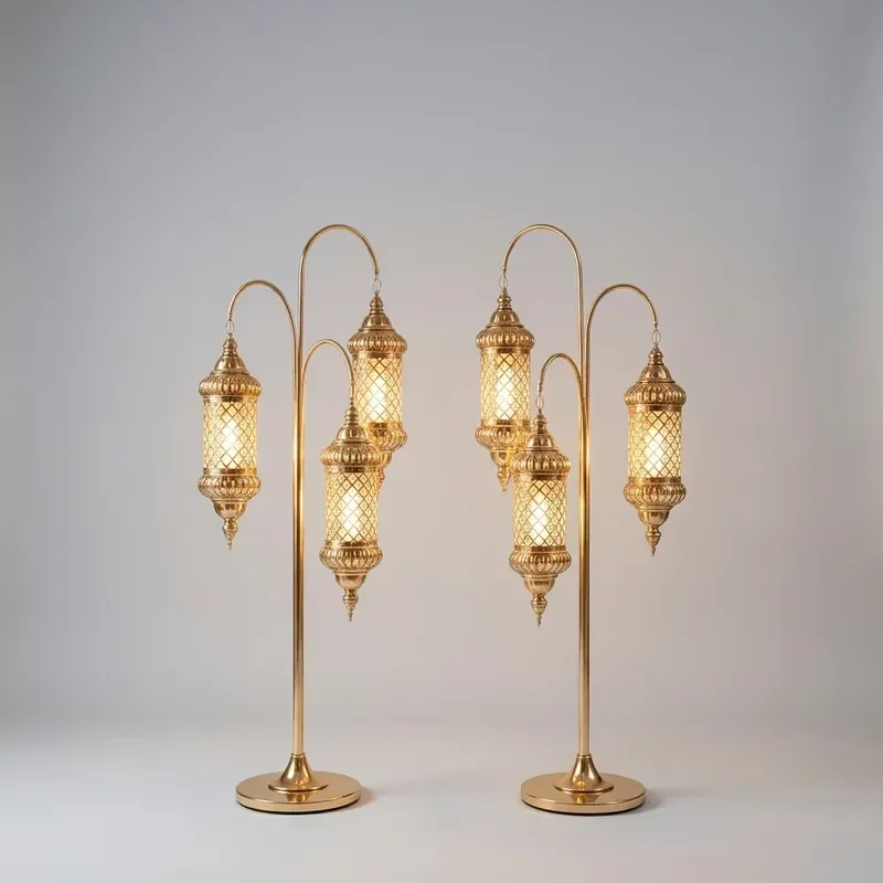 Gold Triple Head Moroccan Metal Floor Lamp Vintage Hollow Lantern Standing Light Wedding Road Lead Lamp for Event Banquet