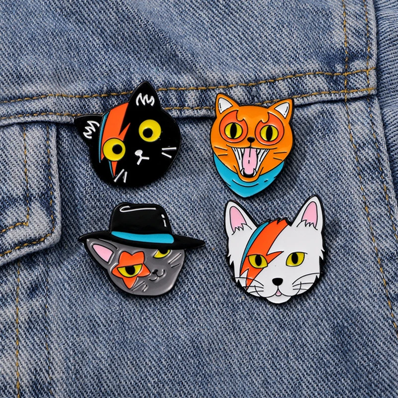 Broche de dibujos animados de gato divertido, insignia de gato, Pin de solapa, ropa Punk, Pin de joyería, pentculo, caballero, sombrero, cicatriz, corbata, lengua, gato, villano, Animal