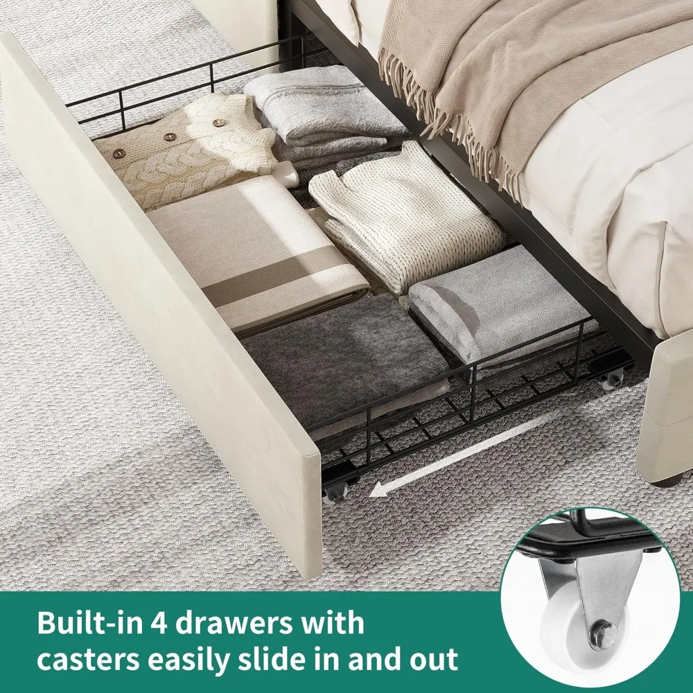 Bed Frame Large, LED Bed Frame, with 4 Storage Drawers, Adjustable Cushioned Headboard Platform Bed