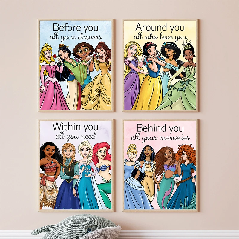 Princesses With Motivational Quote Art Print Positive Affirmation Poster Cinderella Elsa Jasmine Canvas Painting Nursery Decor