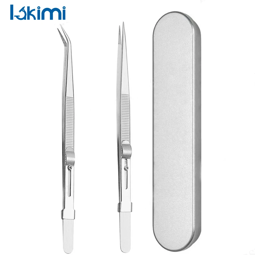 

2pcs Stainless Steel Precision Tweezers – Fine Tip Straight and Curved Non-Slip Locking Tweezers for Jewelry LK-AA17