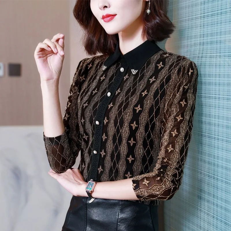 

Autumn and Winter Women's Turn-down Collar Hollow OutEmbroiled Flares Undercoat Fashion Casual Elegant Commuter Long Sleeve Tops