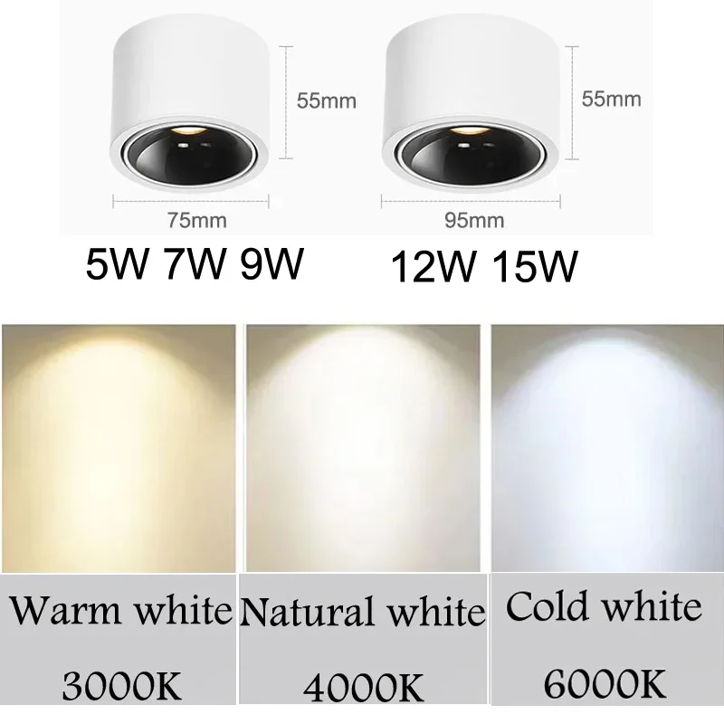LED Spotlight Adjustable Angle Downlight Dimmable 5W 7W 9W 12W 15W Surface Mounted Ceiling Light Indoor Lighting AC110V 220V