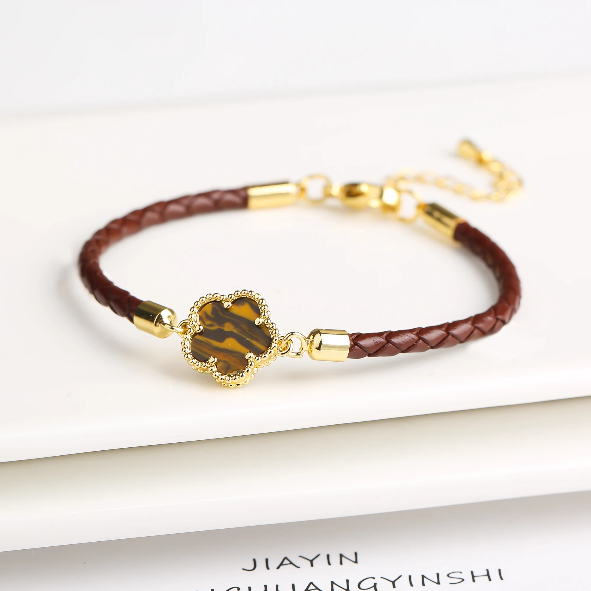 Classic Genuine Leather Woven Natural Stone Flower Charm Bracelet