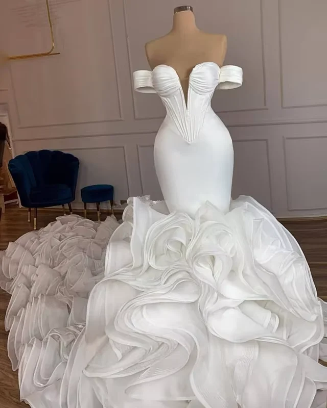 

Cascading Ruffles Mermaid Wedding Dresses 2021 Real Image Off Shoulder Princess Castle Fishtail Bride Wedding Gown Robe De Soire