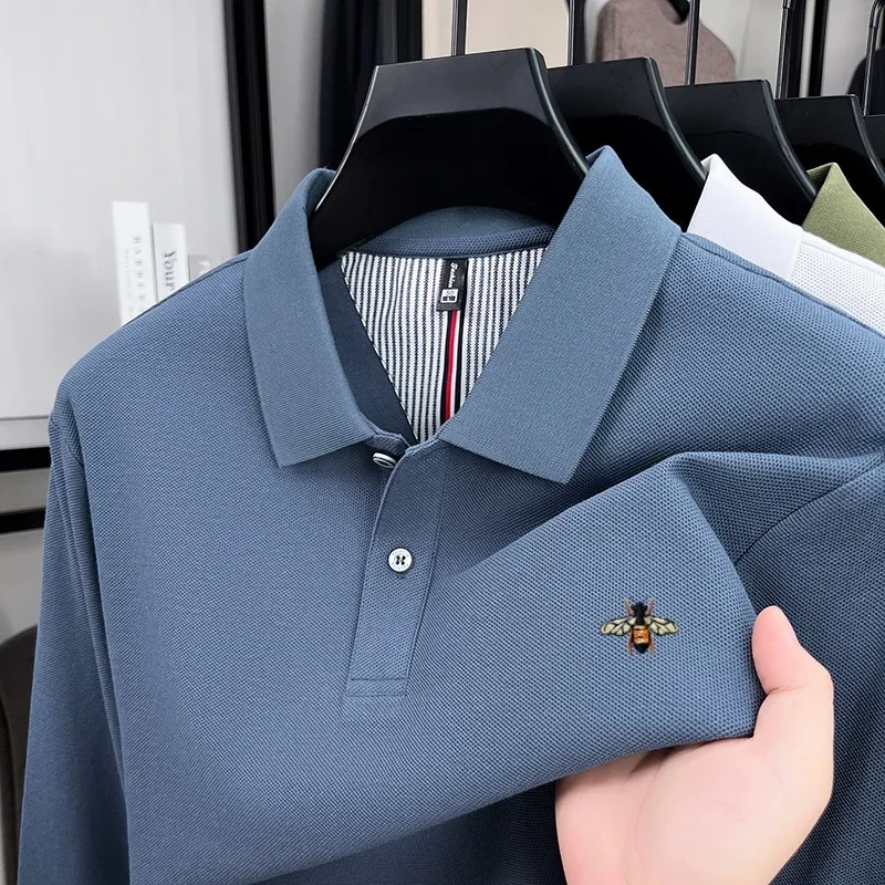 Spring Autumn Men's Polo Shirt Bee Embroidery Exquisite Design Light Luxury Comfortable Casual Long