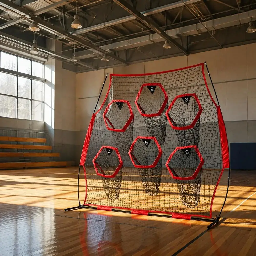 Filet de lancer de football 8 x 8 pieds, filet d'entraînement de précision avec 6 poches cibles, filet sans nœuds avec sangles et sac de transport portable, améliore la précision des lancers du QB, rouge