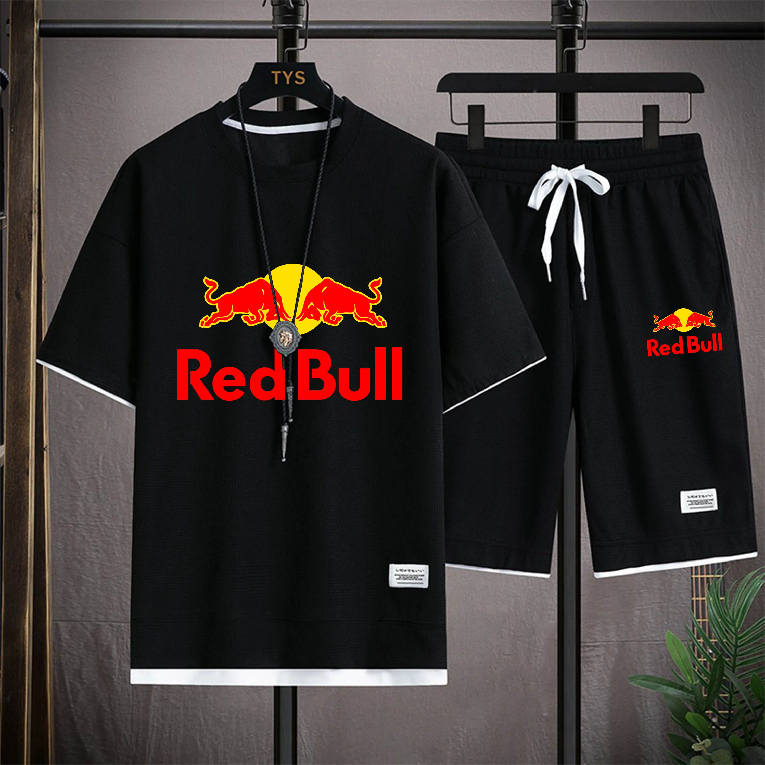 

Red Bull Sport New Men's Summer Waffle Short Sleeve+Shorts 2-piece Fashion Street Set Sports Jogging Set Extreme Sports M-3XL