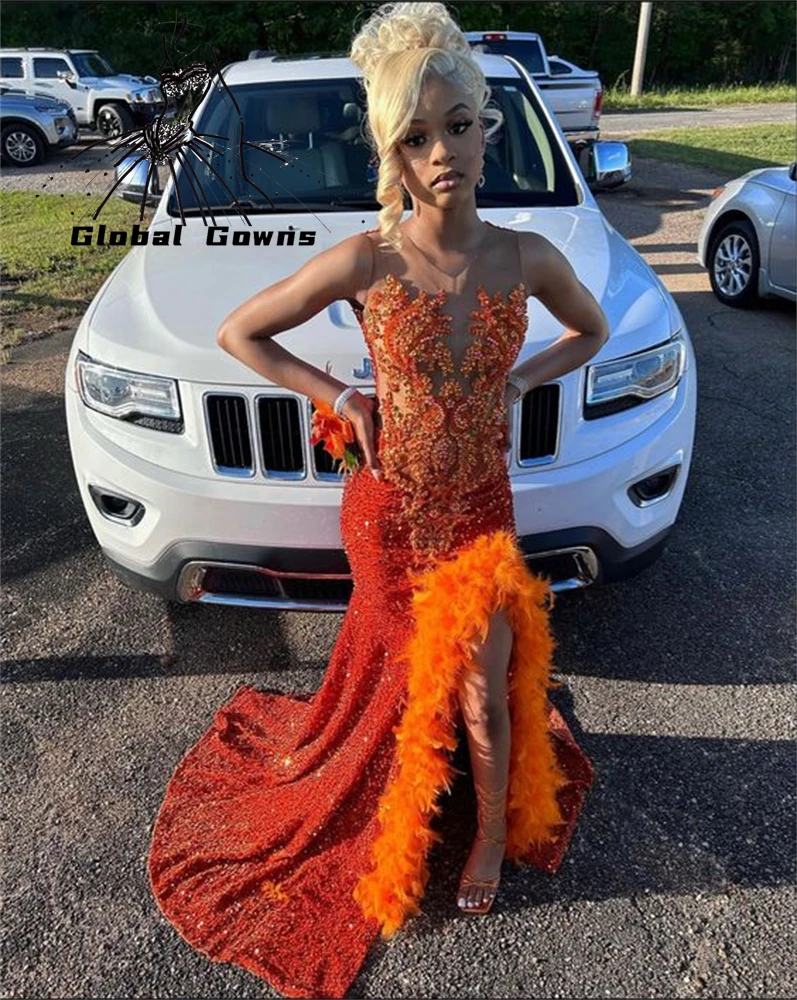 

Оранжевое длинное платье для выпускного вечера с круглым вырезом для девушек 2024 вечерние платья с блестками для дня рождения вечернее платье с аппликацией из перьев с высоким разрезом