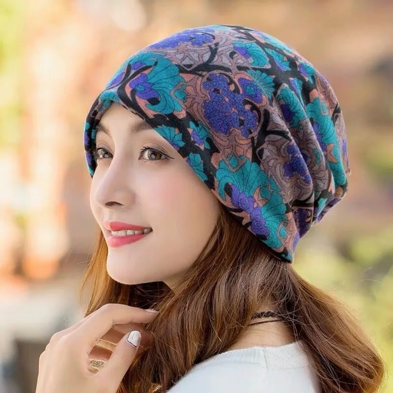 Fashion Double Used Women Warm Floral Beanies Skullies For Female Casual Soft Cotton Bonnet Scarf Hip Hop Girls Dance Gorras