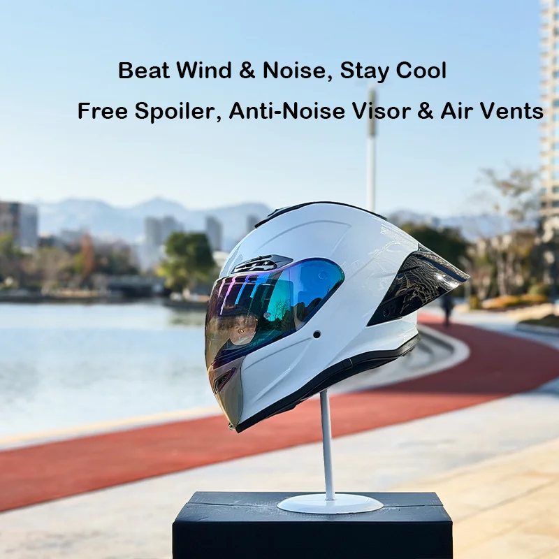 NBTK Casco para Motos Motorcycles Helmet, PearlWhite Bluetooth Long Spoiler&Anti-Noise Visor Moto Casco Motos Capacetes Moto