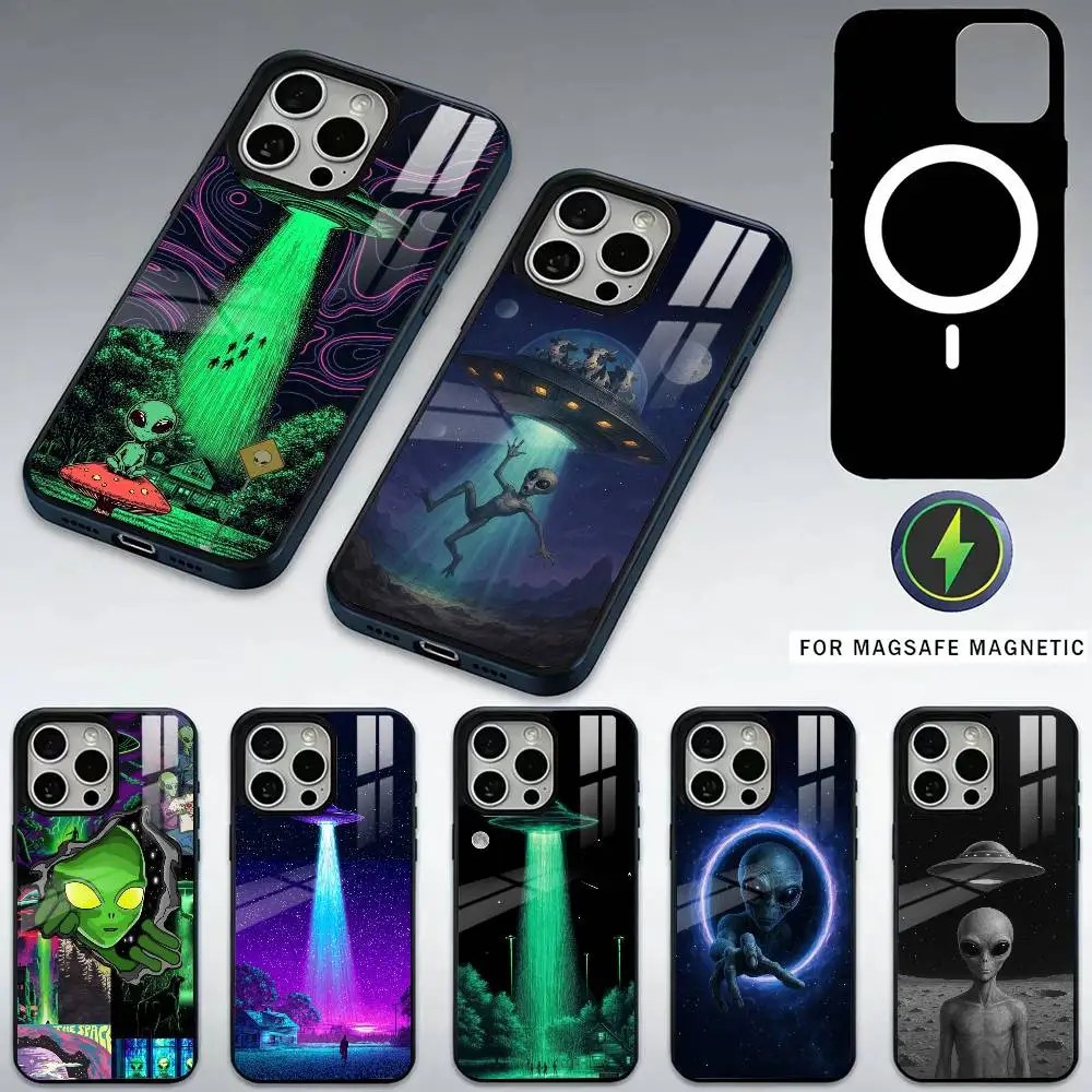 

Singular Space UFO Alien Phone Case For iPhone17,16,15,14,13,12,11 Plus,Pro Max Magnetic For Magsafe Wireless Charging
