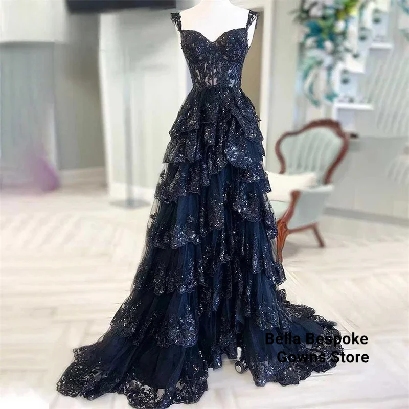 

Navy Blue A Line Formal Dress Tiered Sweetheart Party Dress Pleats Spaghetti Strap Special Occasion Dress Prom Dress Custo