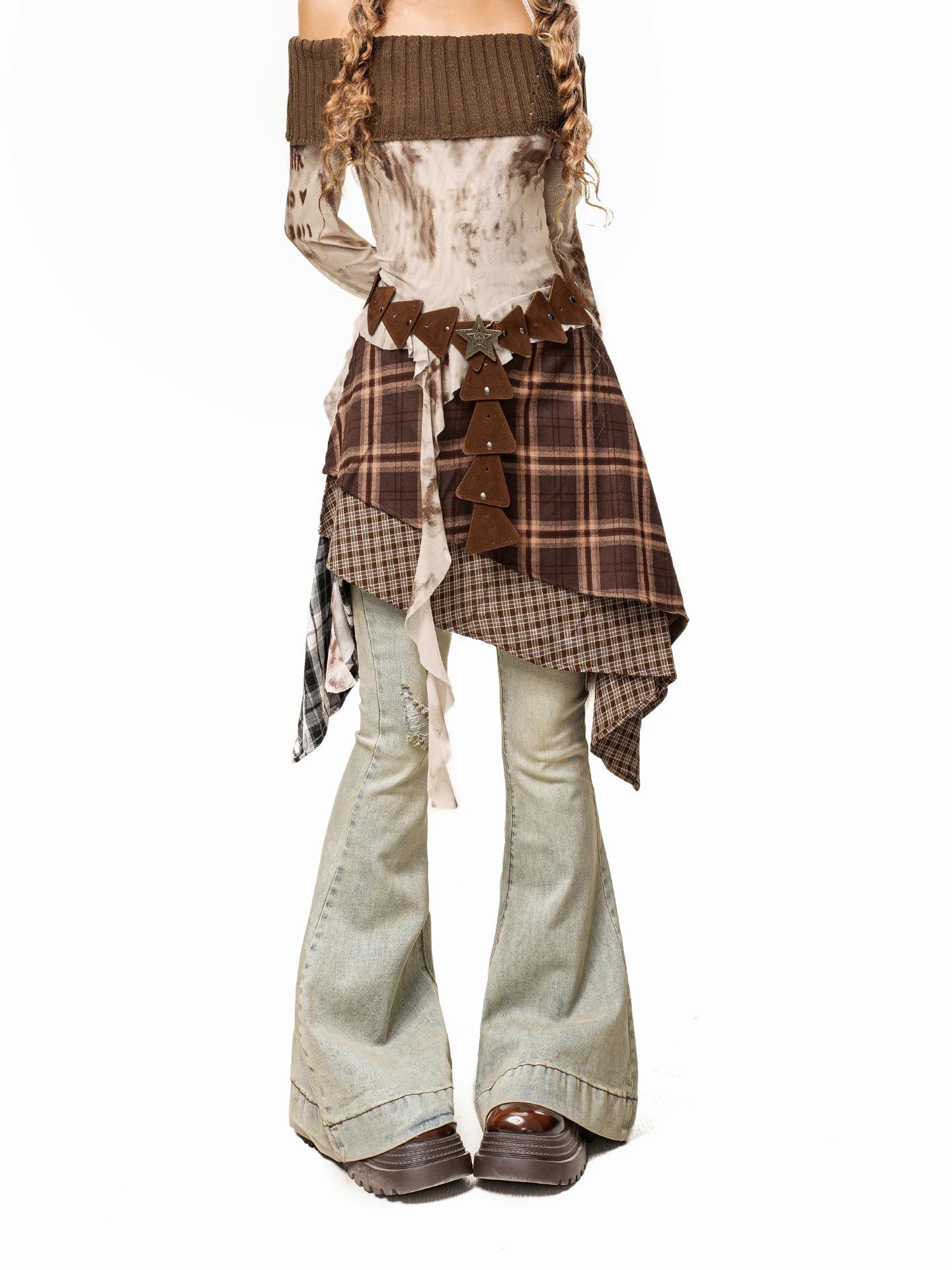 

Женские джинсы в американском ретро-стиле с клетчатым узором, асимметричным кроем и микро-клешем, в стиле Hot Girl