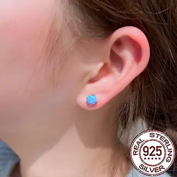 QooLady 925純銀時尚神秘藍蛋白石圓形耳釘,女士精緻派對日常珠寶配件 SE103 10 最佳銷售 藍色蛋白石 - №6