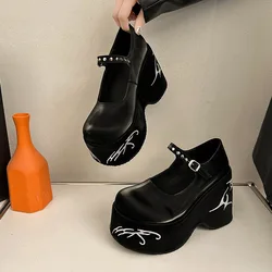 Damskie buty na wysokim obcasie Gothic Lolita New Mary Jane Shoes Casual Woman Heeled Party Wedges Thick Bottom Pumps Black Loafers