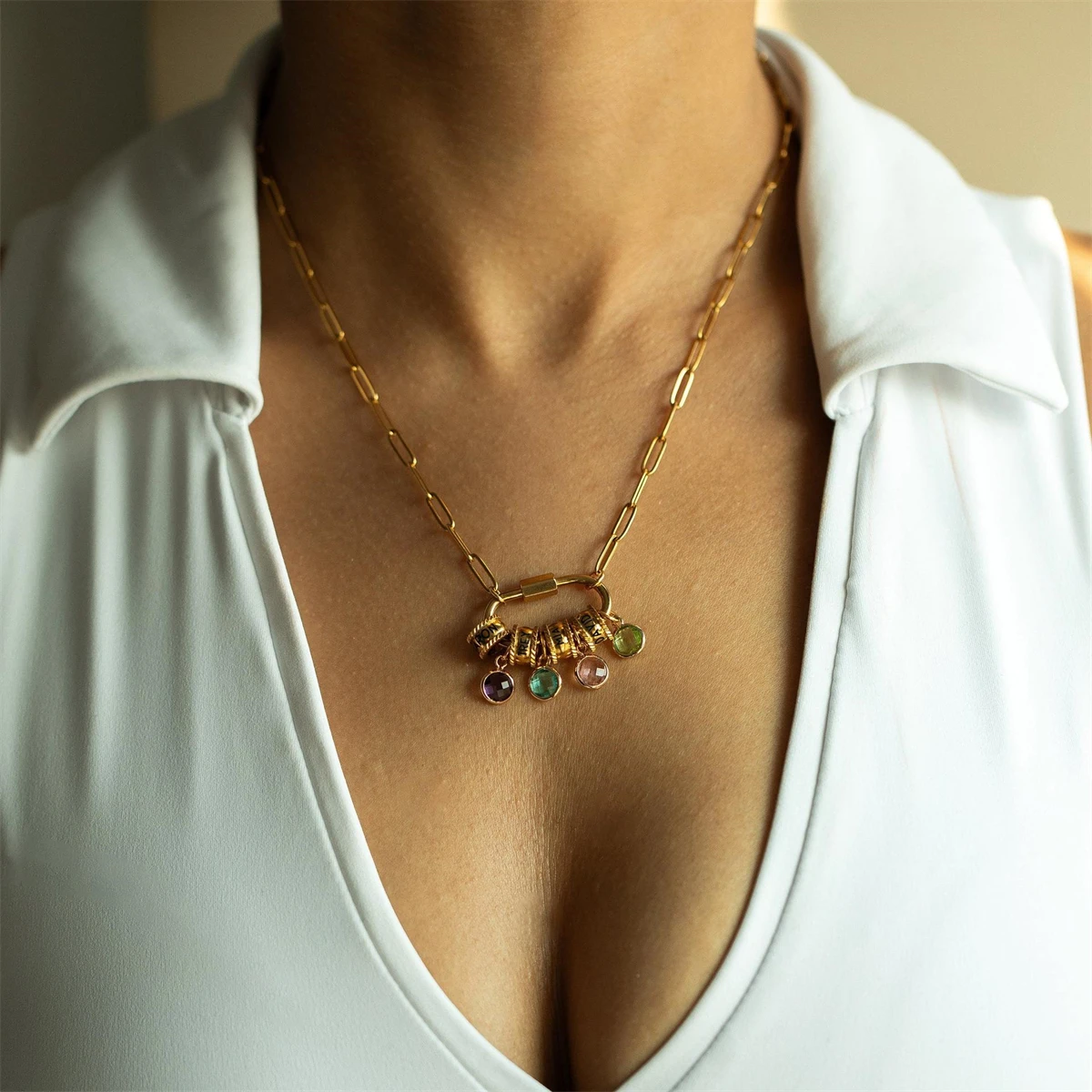 Baja tahan karat Eropa dan Amerika Desember zirkon liontin batu kelahiran, Kalung DIY personalisasi, pelestarian warna