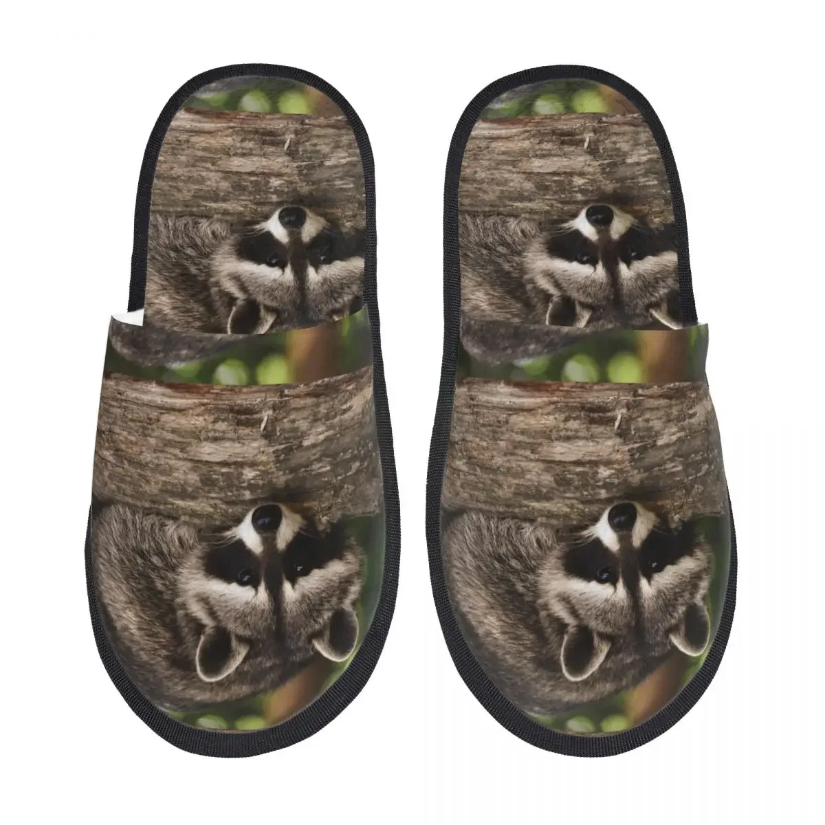 Men Women Plush Indoor Slippers Raccoon On Wood Warm Soft Shoes Home Footwear Autumn Winter 2023