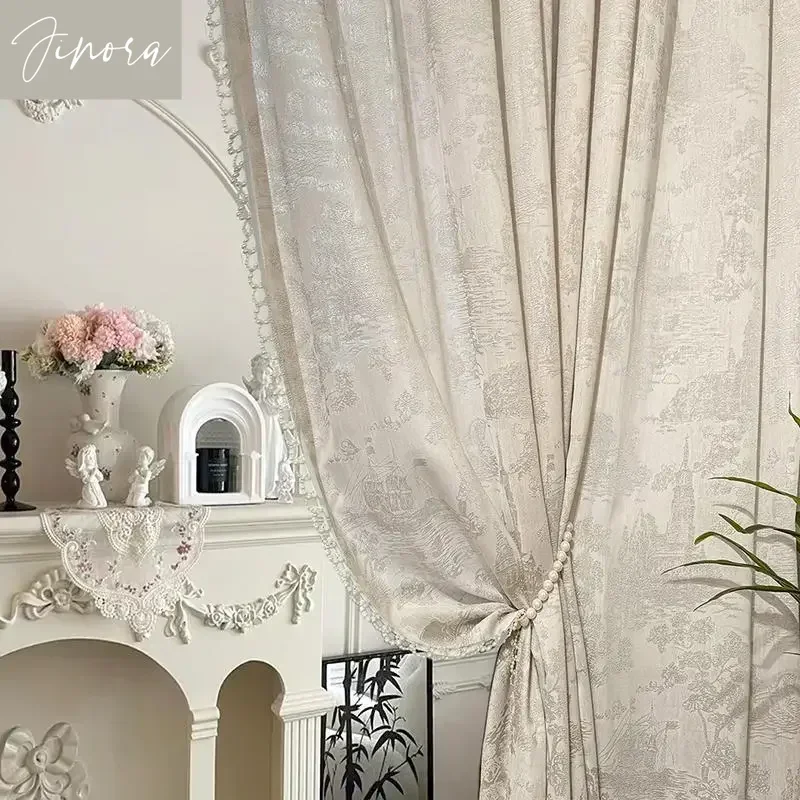 Retro Chinese Tencel Cream Jacquard Window Screen Curtains For Bedroom Living Room Floor-to-ceiling Windows Balcony Customized