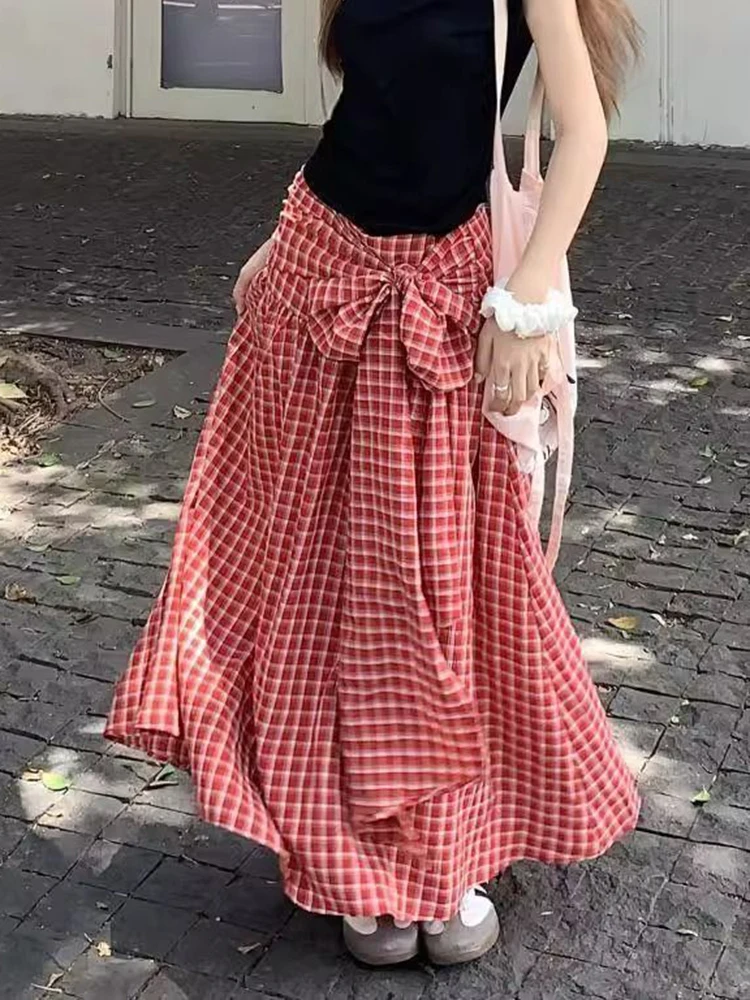 

2025 Women Sweet Bow Vintage Red Plaid Print Long Skirts High Waist A Line Skirt Vintage Korean Loose Casual Design Female Skirt