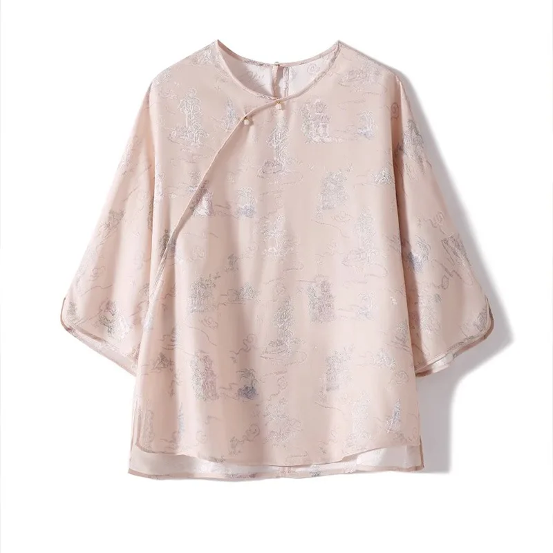 デザインセンス新しい中国シルクチャイナドレス小さなシャツハイエンド国民スタイル Tシャツ半袖ピンクブラウス女性の夏