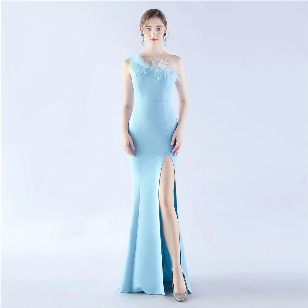 DEERVEADO Candy Color Mermaid Slit Evening Party Maxi Dress Women\'s One Shoulder Soft Satin Formal Dress with Feathers