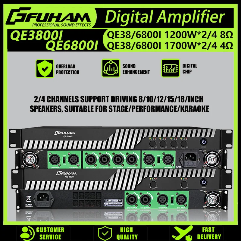 

Цифровой усилитель мощности FUHAM QE3800I, 1200 Вт, 8 Ом, 2/4 канала, подходит для сценического усилителя динамика с линейным массивом
