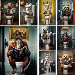 Funny Animals on The Toilet Reading A Book Poster and Prints Canvas Painting Vintage Home Bathroom Toilet Wall Art Decor Mural