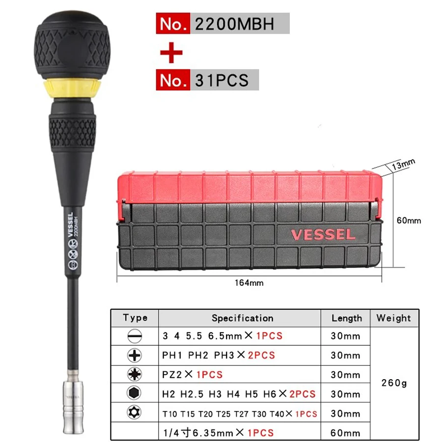 Imagem -03 - Vessel Conjunto de Chave de Fenda com Catraca Chave de Fenda com Catraca Ferramentas Japonesas 2200mbh 2200mbh11 2200mbh31 No.2200mbhc