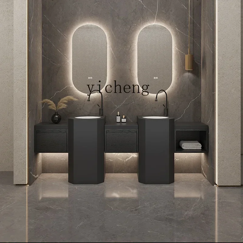x2-oval rock slab integrated basin double basin bathroom cabinet combination black column washbasin wash basin set