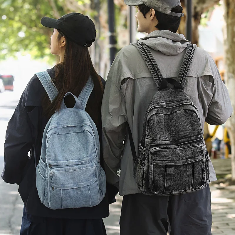 Retro denim backpack large capacity men's and women's outdoor sports travel backpack student schoolbag ita bag y2k
