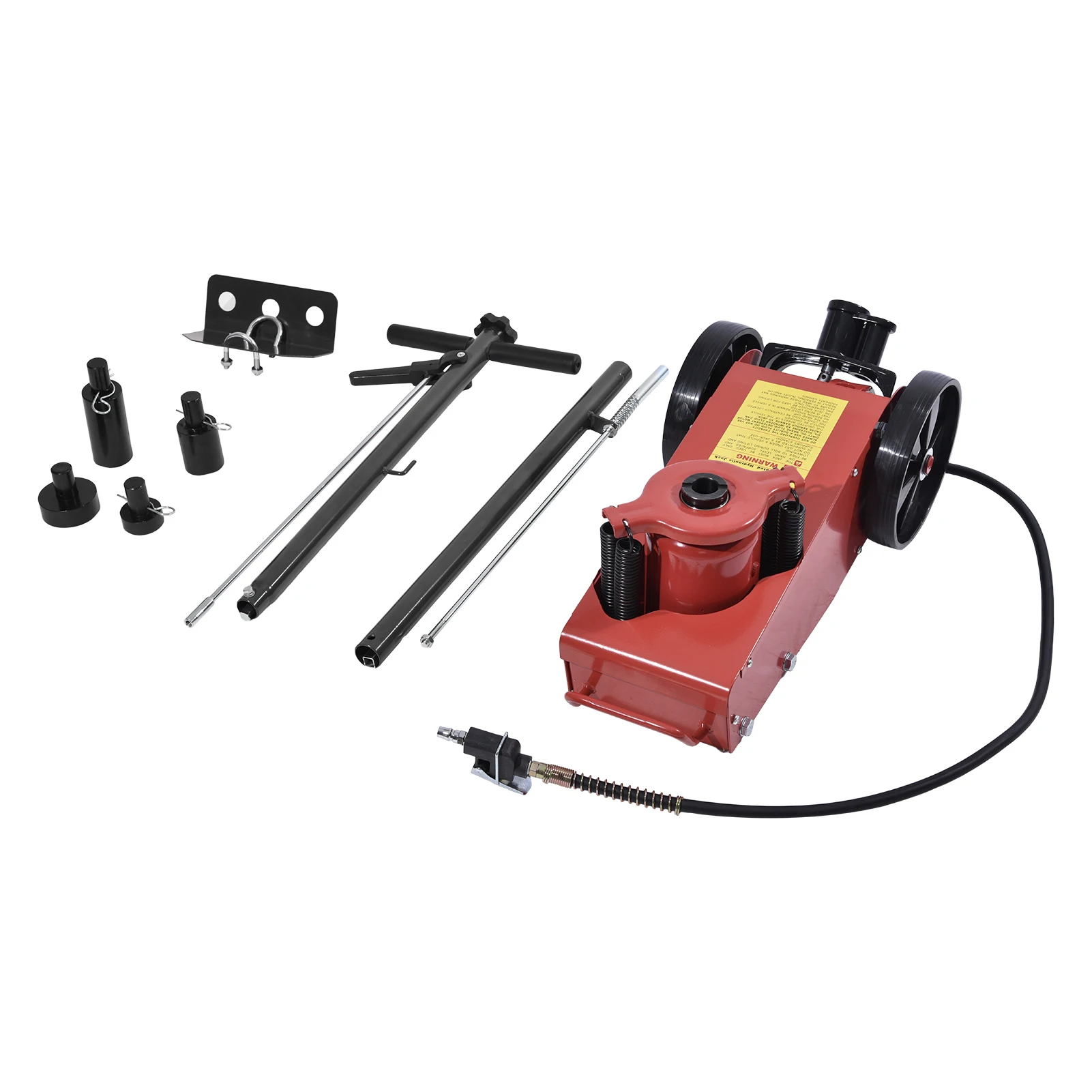 The horizontal hydraulic pneumatic jack has 2 wheels for easy transportation and a rotatable spring handle for easy adjustment