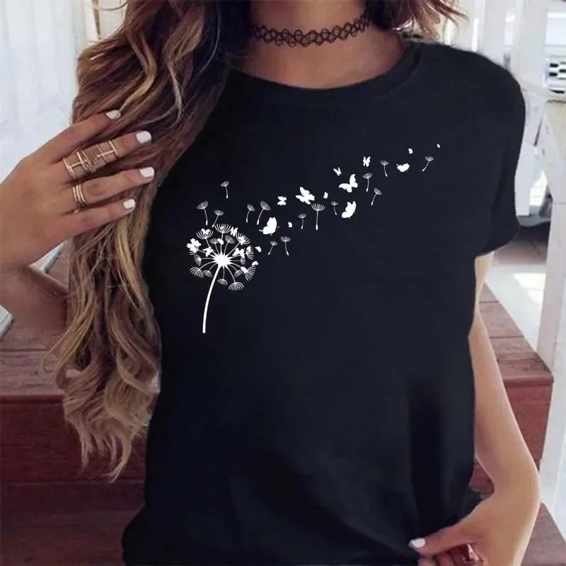 Women's Cartoon Dandelion Printed T-shirt Short Sleeve Women's Printed Clothes Women's T-shirt