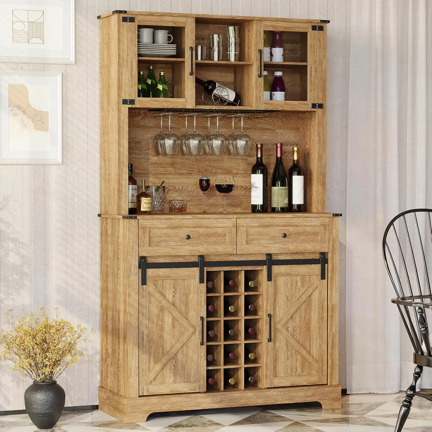 

ARTPOWER Coffeee Bar Cabinet with Wine&Glass Racks, 72" Hutch Storage Cabinet with Farmhouse Sliding Barn Door, Kitchen Pantry