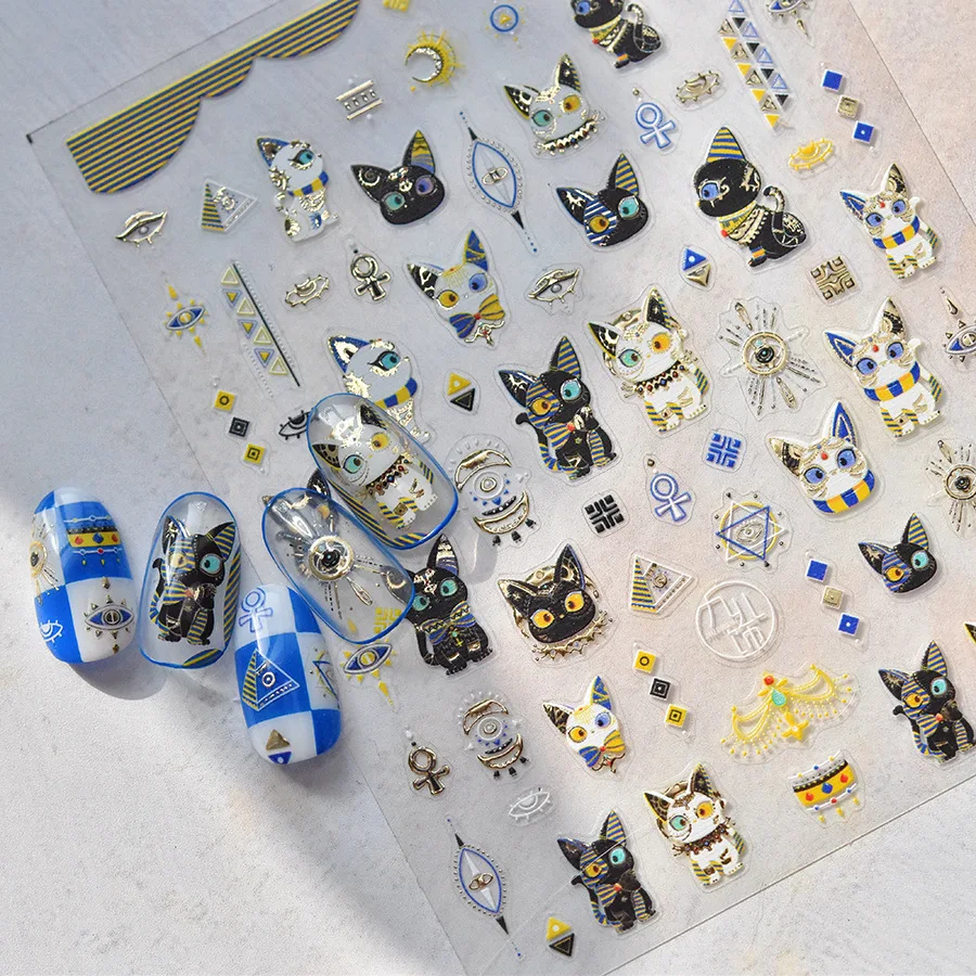 1PCS 5D  Egyptian Cat Nail Sticker Desert Style Self-Adhesive Egyptian Princess Nail Art Accessories Cartoon Animals Nail Parts