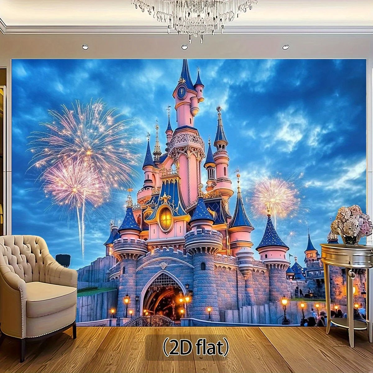 2D plane, castle-themed background fabric - Fireworks, blue sky design - view 3